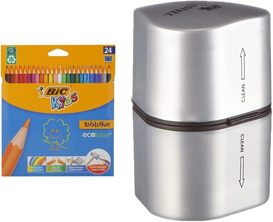 Bic Kids Ecolutions Evolution spalvoti pieštukai piešimui, 24 spalvų, kartoninėje dėžutėje, nuo 5 metų, atsparūs lūžiams ir be medienos, 24 vnt. (1 pakuotė) ir Faber-castell 183800 - Can