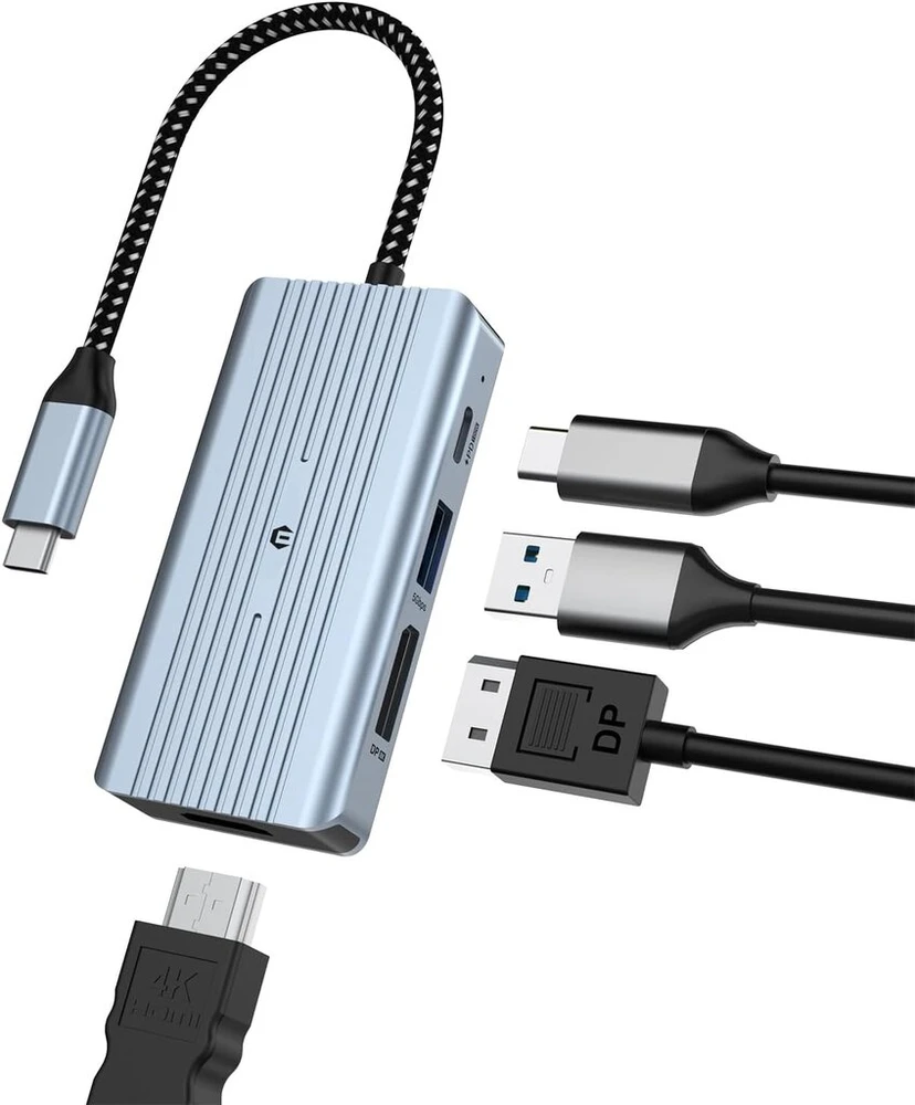 Bigbig won usb c hub hdmi, 4 portų usb c multiportas su dviem ekranais 8k @ 30hz hdmi, 8k @ 30hz dp, 100w pd įkrovimo prievadas, usb 3.0, suderinamas su hdtv