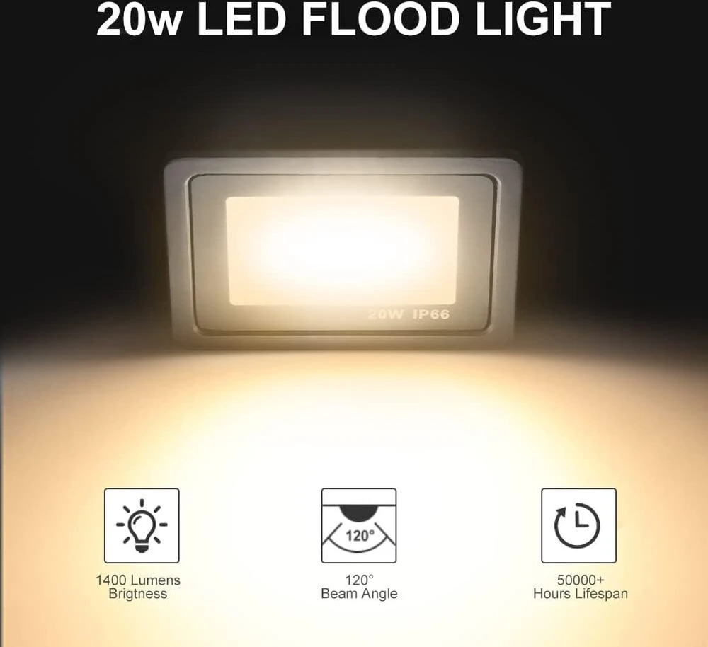 Bikuer 20 W šiltai balta led prožektorius, 1400 lm, itin ryškus 220 V led prožektorius, lauko prožektorius, ip66 atsparus vandeniui, 6000 k dienos šviesos baltumo, idealus sieninis šviestuvas, lauko apšvietimas sodui, garažui