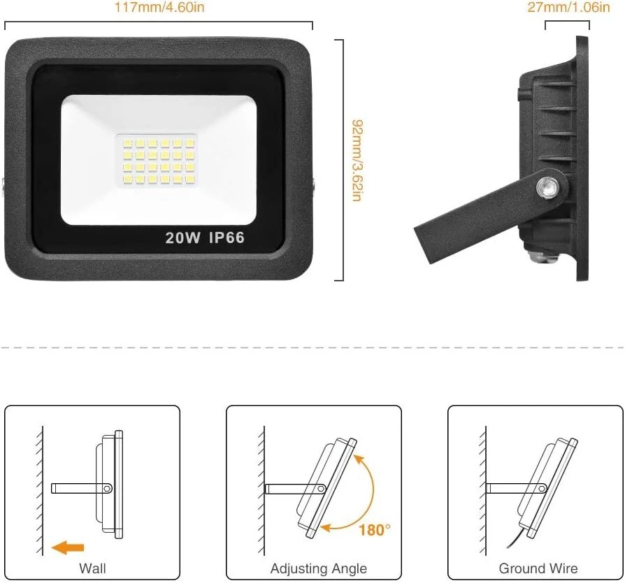 Bikuer 20 W šiltai balta led prožektorius, 1400 lm, itin ryškus 220 V led prožektorius, lauko prožektorius, ip66 atsparus vandeniui, 6000 k dienos šviesos baltumo, idealus sieninis šviestuvas, lauko apšvietimas sodui, garažui