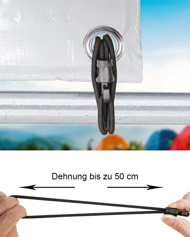 Binckin Gumos juostos su kabliukais 25 cm, 50 vnt. pakuotė, tentų įtempikliai su kabliukais, trumpi, ekspanderiai su kabliukais tentams, tinklams, reklaminiams skydeliams, stovyklavimui, juodi