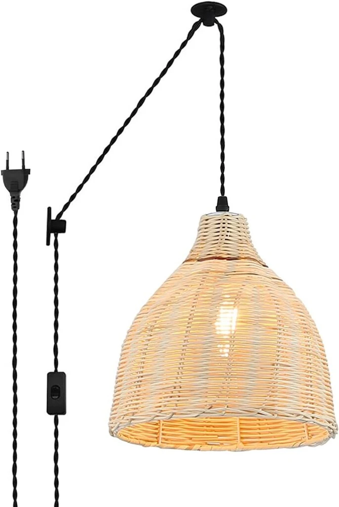 B·led Barcelona Led Barcelonaled pakabinamas šviestuvas iš bambuko pynimo su laidu, sieniniu lizdu, vintažinis, skriemulys, medinis, rotangas, gaubto skersmuo 26 cm, E27 lizdas svetainei, valgomajam, virtuvei