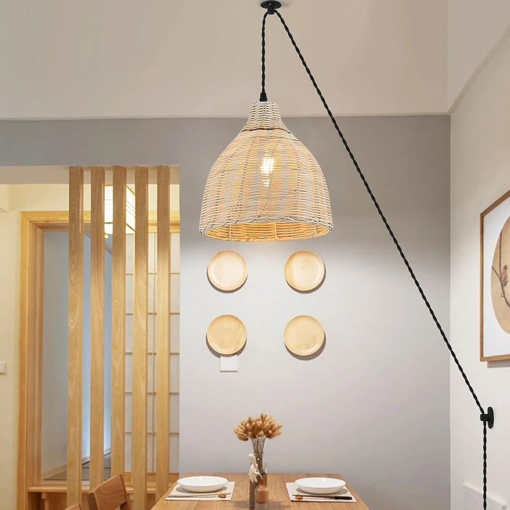 B·led Barcelona Led Barcelonaled pakabinamas šviestuvas iš bambuko pynimo su laidu, sieniniu lizdu, vintažinis, skriemulys, medinis, rotangas, gaubto skersmuo 26 cm, E27 lizdas svetainei, valgomajam, virtuvei