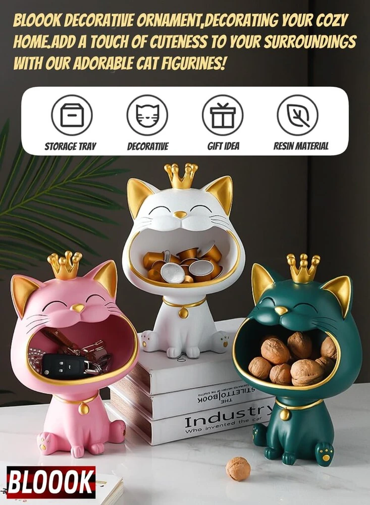 Blook besijuokiančios katės figūrėlės statula, didelio nasro katės dėžutė daiktams, maneki neko laimės katės skulptūra, laimingos katės dėžutė daiktams, kačiuko raktų dubuo, papuošalų padėklas
