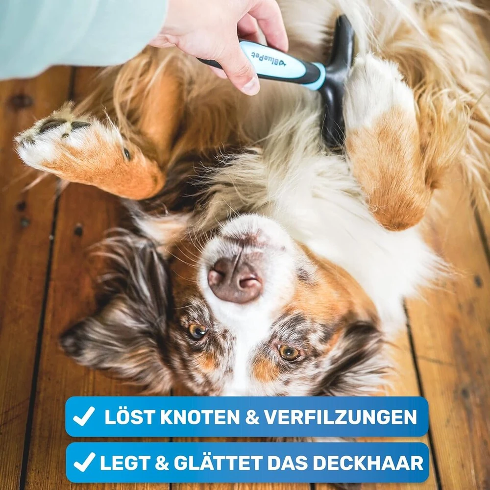 Bluepet 2.0 kailio iššukavimo įrankis ilgiaplaukėms katėms ir šunims, aukštos kokybės šunų masažinis šepetys su dviem eilių dantukais, atlaisvina mazgus, susivėlimus ir poplaukį, poplaukio grėblys glotnina ir iššukuoja