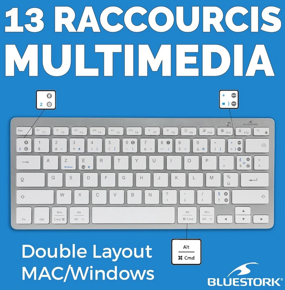 Bluestork – belaidė bluetooth klaviatūra kompiuteriui, suderinama su windows 11, 10, 8 ir mac os – mini klaviatūra pc/mac french azerty, kompaktiška, itin plona, lengva, tyli – nauja 2024 (balta)