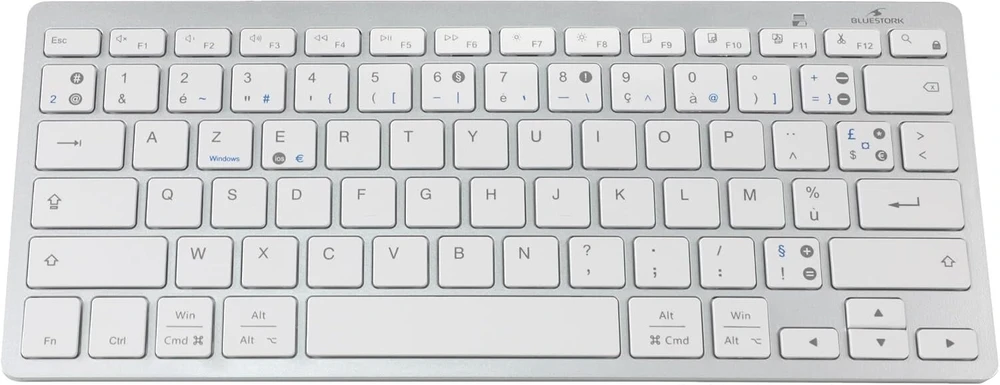 Bluestork – belaidė bluetooth klaviatūra kompiuteriui, suderinama su windows 11, 10, 8 ir mac os – mini klaviatūra pc/mac french azerty, kompaktiška, itin plona, lengva, tyli – nauja 2024 (balta)