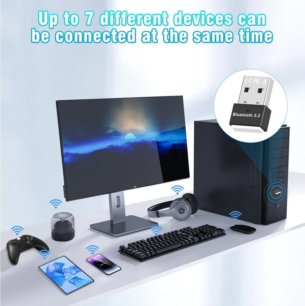 Bluetooth 5.3 adapteris kompiuteriui, usb bluetooth adapterio dongle, usb edr bluetooth belaidis siųstuvas-imtuvas, skirtas staliniam kompiuteriui, nešiojamam kompiuteriui, kompiuteriui, ausinėms, klaviatūrai, pelei, bluetooth stereo, su windows