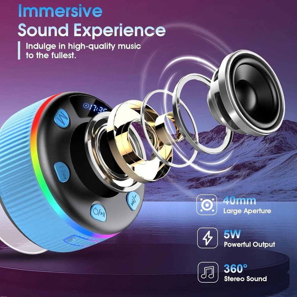 Kompiuterio kolonėlės Bluetooth garsiakalbis dušui, muzikos grotuvas bluetooth su rgb šviesų šou, ip7 atsparus vandeniui bluetooth garsiakalbis dušui su siurbtuku, nešiojamas garsiakalbis su stereo garsu, laisvų rankų funkcija, mikrofonas, mėlynas