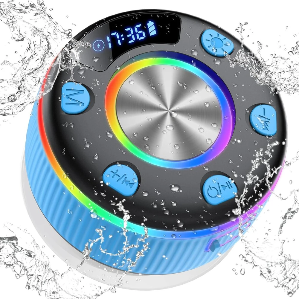 Kompiuterio kolonėlės Bluetooth garsiakalbis dušui, muzikos grotuvas bluetooth su rgb šviesų šou, ip7 atsparus vandeniui bluetooth garsiakalbis dušui su siurbtuku, nešiojamas garsiakalbis su stereo garsu, laisvų rankų funkcija, mikrofonas, mėlynas