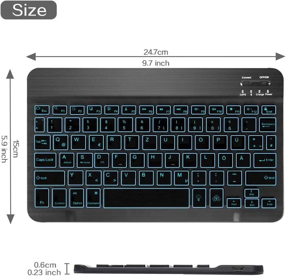 Bluetooth klaviatūra universalus nešiojamas Qwertz vokiečių 7 spalvų apšviesta įkraunama klaviatūra, skirta Ios Android Windows Pc planšetiniam kompiuteriui Mac išmaniajam telefonui su planšetinio kompiuterio stovu