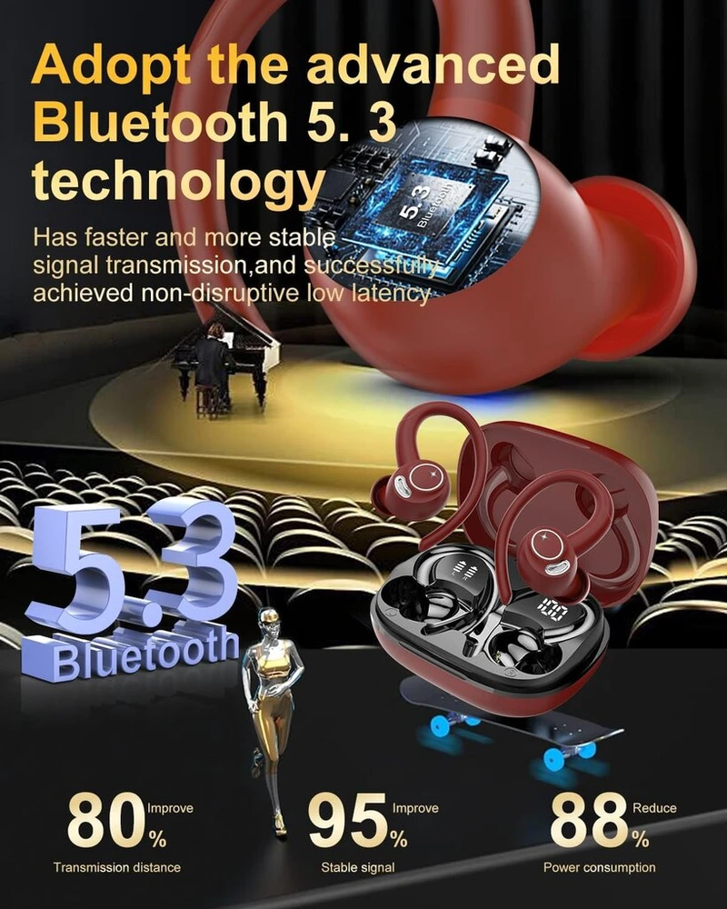 Bluetooth sportinės ausinės, į ausis įdedamos ausinės, belaidės bluetooth 5.3 su hd mikrofonu, išskirtinis garsas, 40 valandų grojimo laikas, patogus prigludimas, dvigubas led ekranas, ip7 vandeniui atsparios ausinės su ausų kabliukais, raudonos