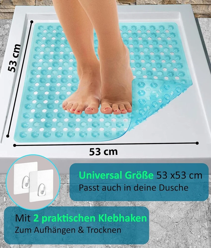 Blumbach® neslystantis dušo kilimėlis 53 x 53 cm - 100% be Bpa - su 2 kabliukais pakabinimui - neslystantis kilimėlis dušui ir voniai, dušo kilimėlis, atsparus pelėsiui ir skalbiamas skalbimo mašinoje
