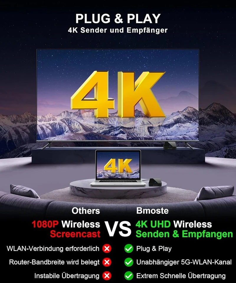 Televizorius Bmoste belaidis Hdmi siųstuvas ir imtuvas 4k, 9 nustatomi „wi-fi“ kanalai, 200 pėdų / 60 m, 3-ios kartos antena, vaizdo ir garso transliacija iš nešiojamojo kompiuterio, kompiuterio, Stb, kameros į televizorių, projektorių, monitorių (juodas)