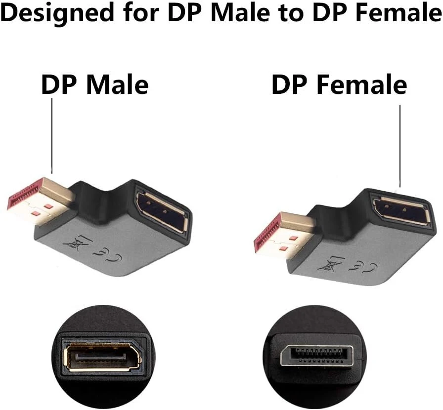 Bolaazul 270 laipsnių displayport adapterio keitiklis, aukštyn/žemyn kampuotas dp adapterio jungtis uhd 4k/60hz 2k/144hz, paauksuotas stačiu kampu dp 1.2 tėviškas į dp moterišką (2 vnt.)