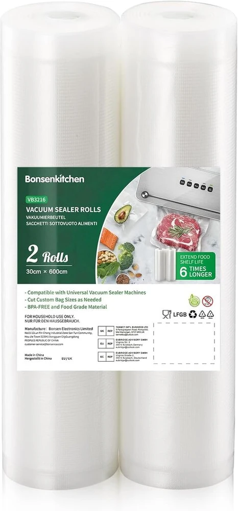 Gertuvė Bonsenkitchen Vb3216 vakuuminiai maišeliai 2 ritiniai 30 x 600 cm profesionalūs vakuuminiai ritiniai vakuuminiams sandarikliams