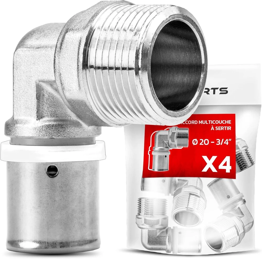 Booparts – 4 vnt. presavimo jungties perėjimo kampas 20 mm x 3/4" išorinis sriegis – užspaudžiamas jungtis, tiesus, išorinis sriegis – daugiasluoksnė užspaudžiama jungtis Ø20-3/4" (20/27) th kontūras