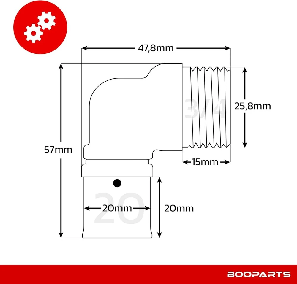 Booparts – 4 vnt. presavimo jungties perėjimo kampas 20 mm x 3/4" išorinis sriegis – užspaudžiamas jungtis, tiesus, išorinis sriegis – daugiasluoksnė užspaudžiama jungtis Ø20-3/4" (20/27) th kontūras