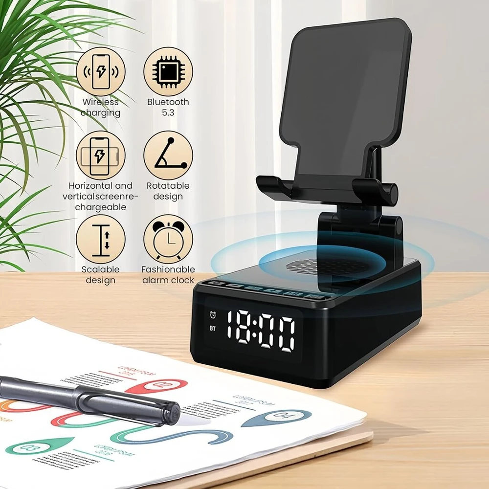 Kompiuterio kolonėlės Bordeag belaidis įkroviklio stovas, 3-in-1 indukcinė įkrovimo stotelė, bluetooth garso energijos banko laikiklis, mobiliojo telefono stovas su belaidžiu bluetooth, mobiliojo telefono stovas su žadintuvo skaitmeniniu laikrodžiu