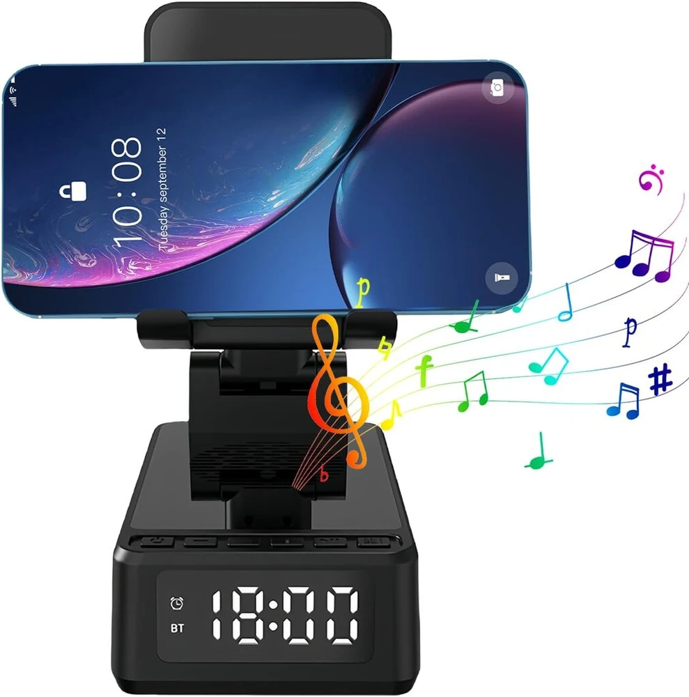 Kompiuterio kolonėlės Bordeag belaidis įkroviklio stovas, 3-in-1 indukcinė įkrovimo stotelė, bluetooth garso energijos banko laikiklis, mobiliojo telefono stovas su belaidžiu bluetooth, mobiliojo telefono stovas su žadintuvo skaitmeniniu laikrodžiu