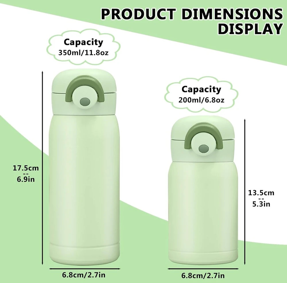 Boziee 350 ml / 200 ml mažas nerūdijančio plieno termosas su užraktu, be Bpa izoliuotas termosas, mini vakuuminės vandens gertuvės sportui, kelionėms, mokyklai, lauke (kreminė žalia, 200 ml)