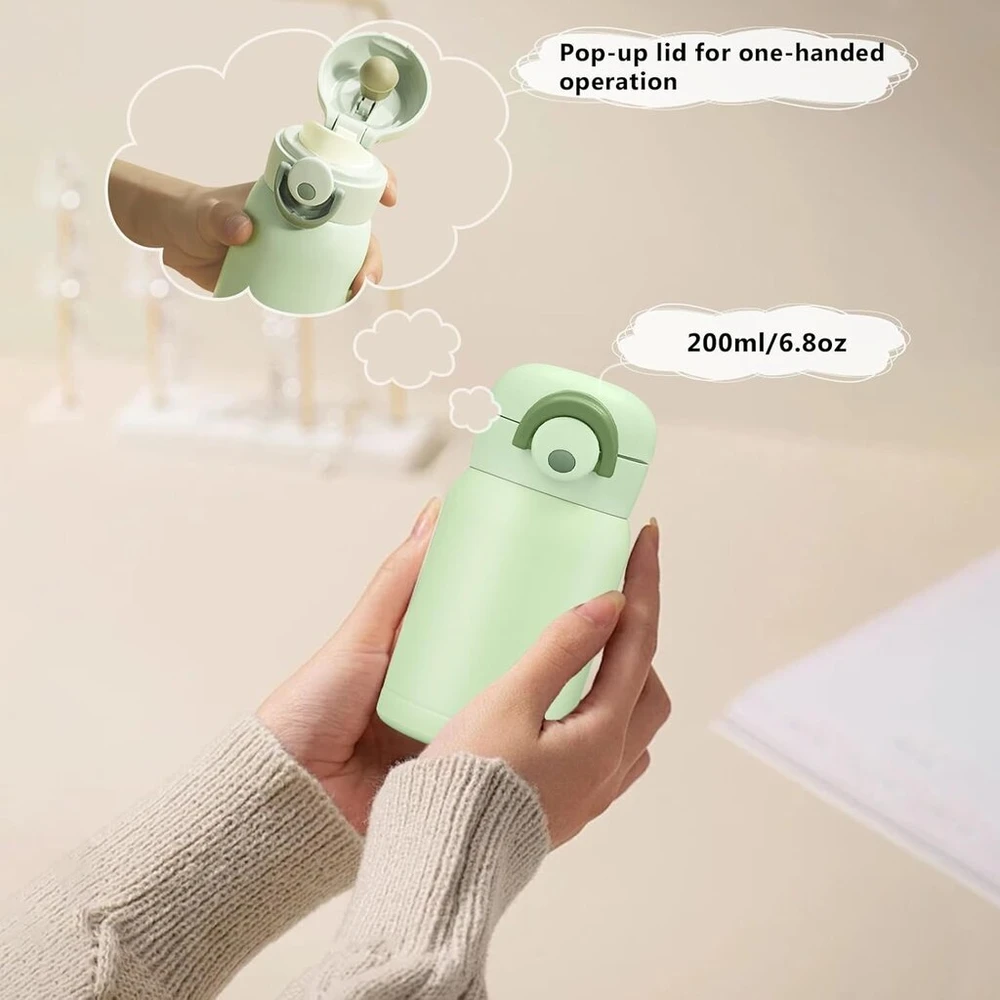 Boziee 350 ml / 200 ml mažas nerūdijančio plieno termosas su užraktu, be Bpa izoliuotas termosas, mini vakuuminės vandens gertuvės sportui, kelionėms, mokyklai, lauke (kreminė žalia, 200 ml)