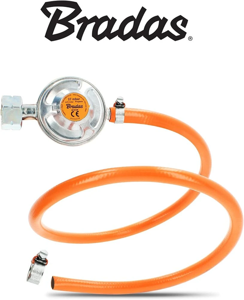 Bradas® dujų reguliatorius, slėgio reguliatorius 37 mbar - 1,5kg/h su 1 m ilgio dujų žarna + 2 žarnų spaustuvai propano butano jungčių rinkinys | grilio kempingo dujų reguliatorius žemo slėgio
