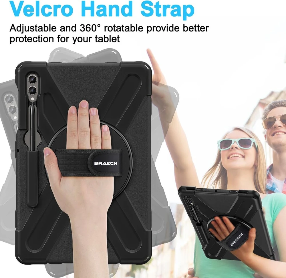 Braecn dėklas, skirtas galaxy tab s10+/tab s9 fe+/tab s9+/tab s8+/tab s7 fe/tab s7+ 12.4 colių, tvirtas smūgiams atsparus apsauginis dėklas su 360° besisukančiu dirželiu rankai ir stovu, rašiklio laikikliu, dirželiu per petį - juodas