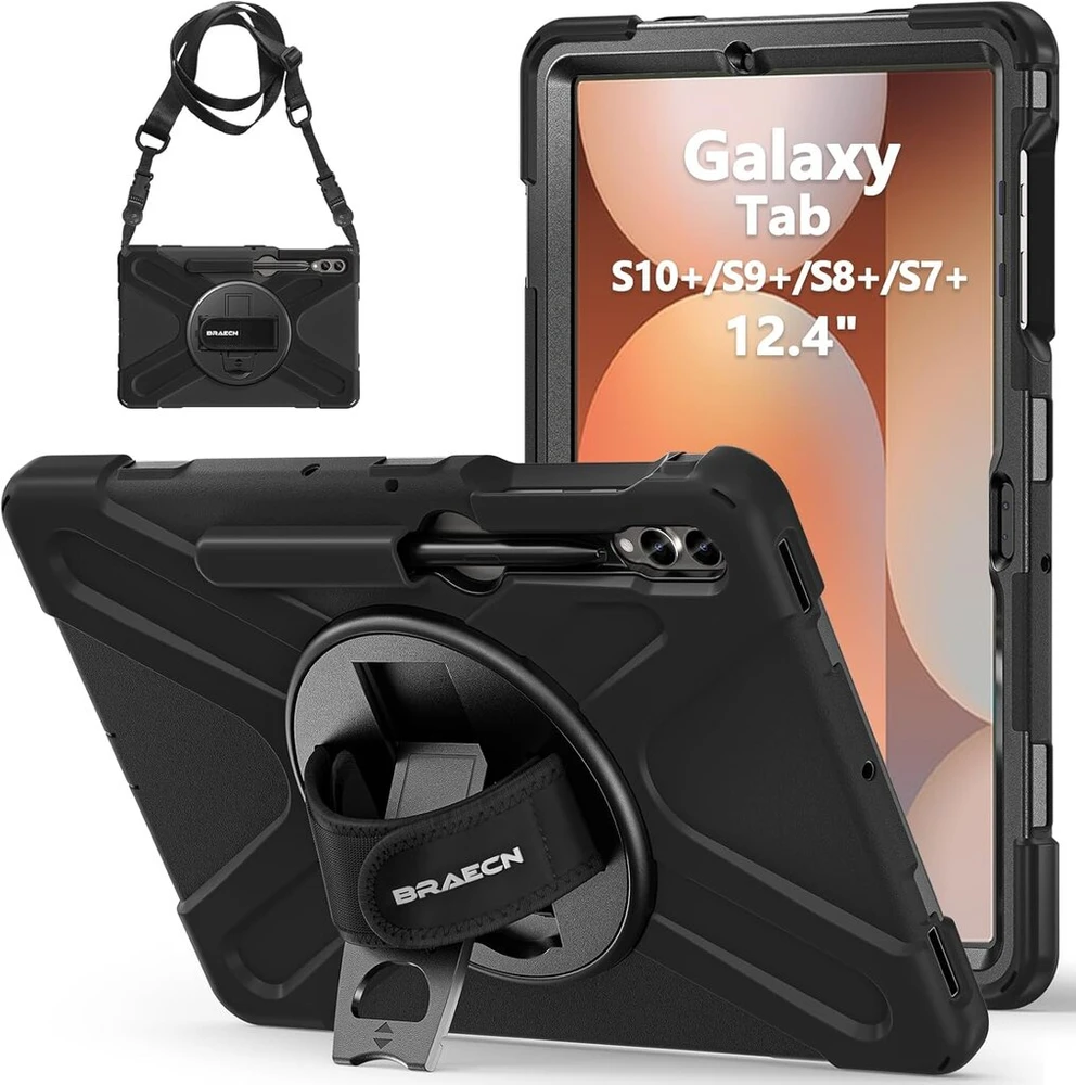 Braecn dėklas, skirtas galaxy tab s10+/tab s9 fe+/tab s9+/tab s8+/tab s7 fe/tab s7+ 12.4 colių, tvirtas smūgiams atsparus apsauginis dėklas su 360° besisukančiu dirželiu rankai ir stovu, rašiklio laikikliu, dirželiu per petį - juodas