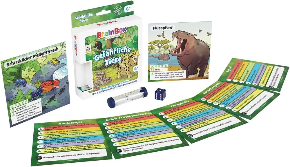 Brainbox Brain Box 2054902 kišeninis leidimas pavojingi gyvūnai, kompaktiškas edukacinis žaidimas, atminties žaidimas, viktorinos žaidimas, kelioninis žaidimas vaikams nuo 6 metų