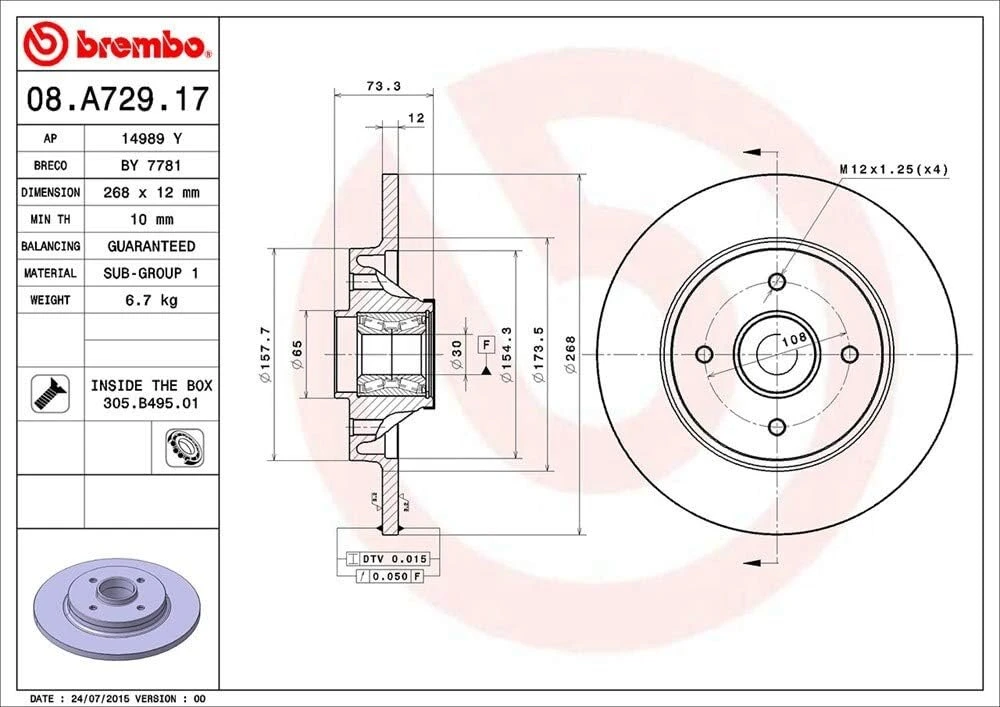 Brembo 08.a729.17 galinis stabdžių diskas su guolių komplektu ir abs