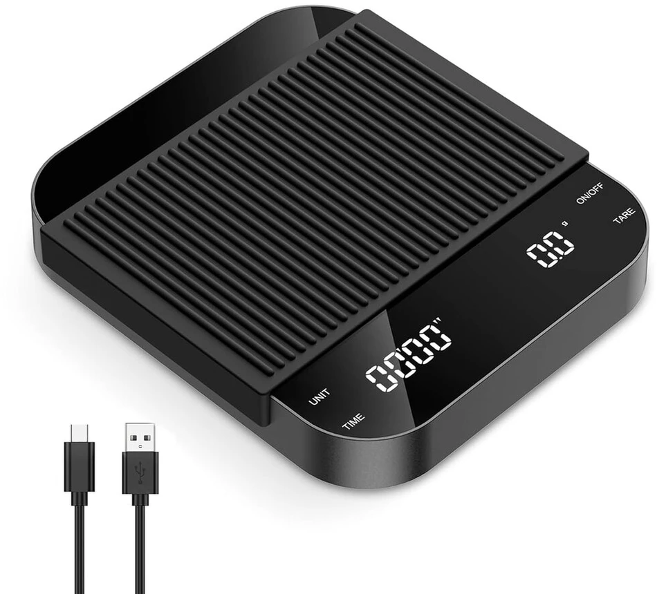 Brifit kavos svarstyklės su laikmačiu, espresso svarstyklės 3kg / 0,1 g, didelio tikslumo smulkios svarstyklės, virtuvinės svarstyklės, usb, kavos svarstyklės su led ekranu, taros funkcija, jutiklinis mygtukas, automatinis išjungimas, grūdintas stiklas