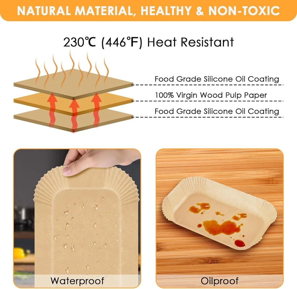Brotou kepimo popierius karšto oro gruzdintuvėms, 125 vnt., 29,1 x 14,8 cm, stačiakampis, nelipnus kepimo popierius, suderinamas su Ninja Foodi Max Health Gril Ag551eu/fg551