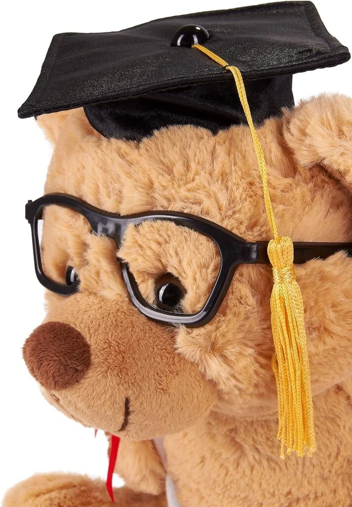 Brubaker meškinas su akiniais, diplomu ir baigimo kepure - minkštas žaislas baigimo proga, išleistuvėms ar studijoms - 25 cm - pliušinis žaislas - šviesiai rudas