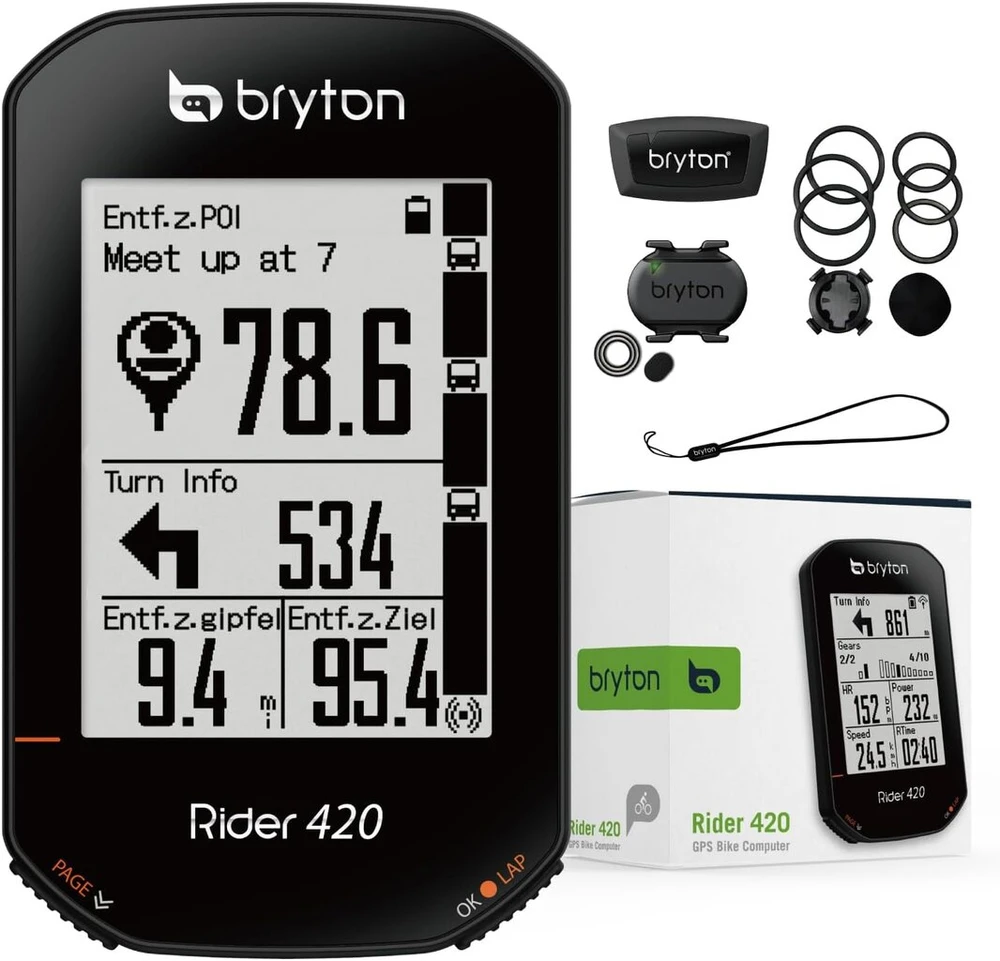 Bryton Rider 420 Sensor Bundle belaidis gps dviračio kompiuteris maršruto ir duomenų įrašymui, su kelio pavadinimų navigacija ir kelių kalbų palaikymu, juodas