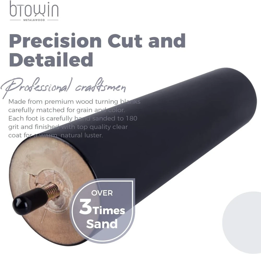 Btowin 15 cm medinės baldų kojos, 4 vnt., juodos spalvos masyvo medienos stalo kojos, baldų kojos su iš anksto išgręžtais M8 5/16 colių varžtais ir tvirtinimo plokštelėmis bei varžtais spintelėms, sofai, lovai, otomanei