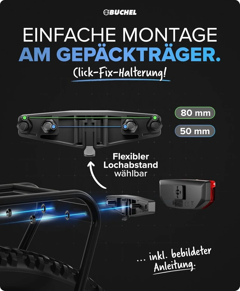 Büchel Dviračio galinis Led žibintas, Usb-c įkrovimas, be įrankių