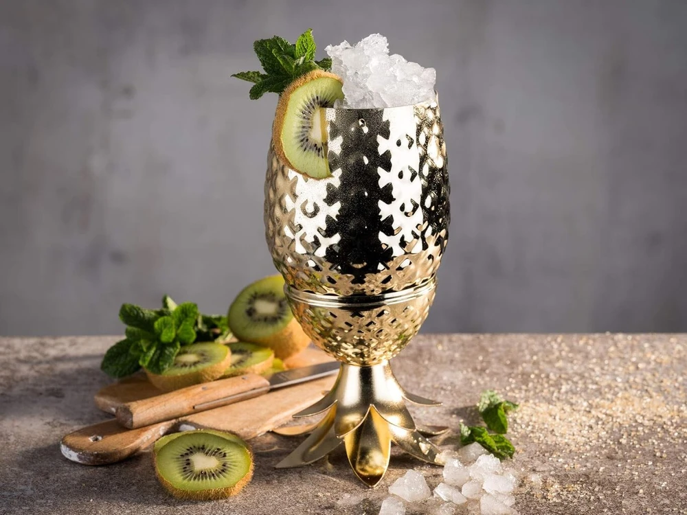 Buddy´s Bar - 1 ananaso kokteilių puodelis, 450 ml, ananaso puodelis, aukštos kokybės nerūdijančio plieno puodelis, maistui saugus kokteilių puodelis su dovanų dėžute, 1 vienetas, poliruotas auksas
