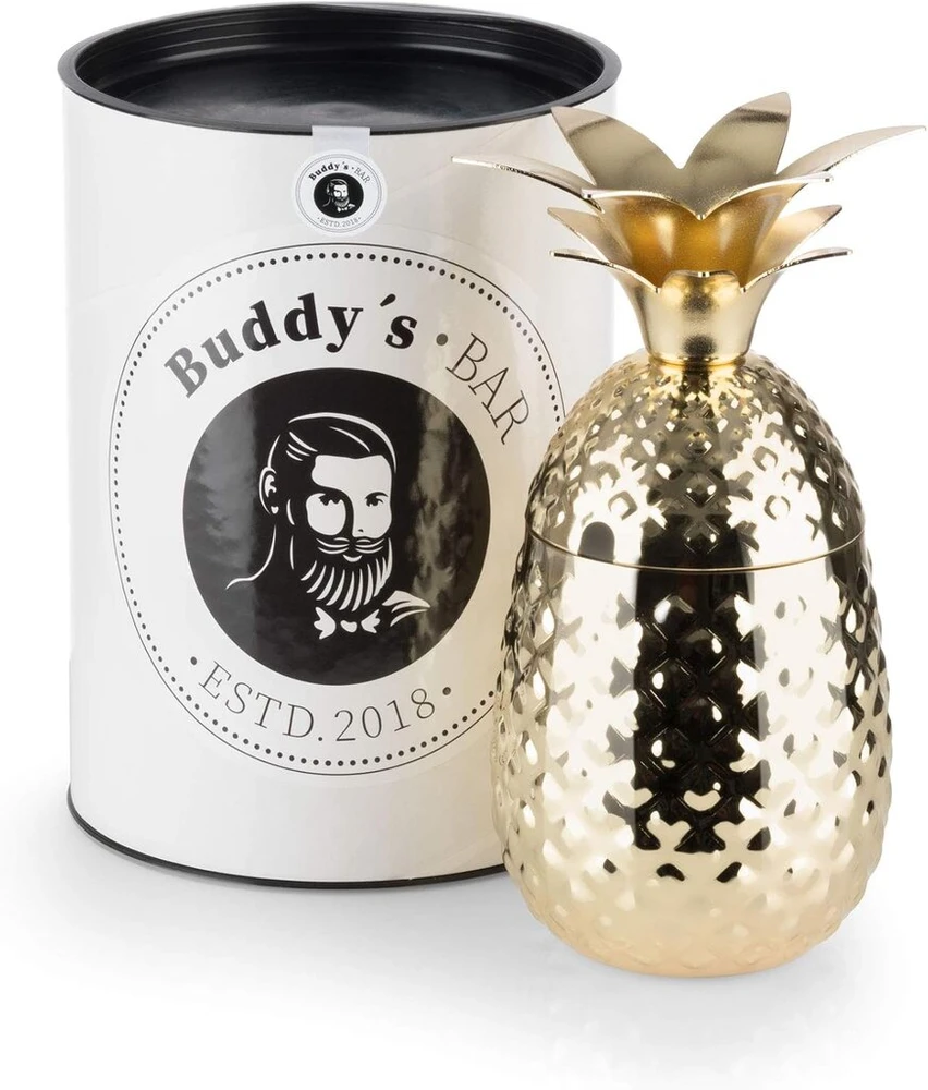 Buddy´s Bar - 1 ananaso kokteilių puodelis, 450 ml, ananaso puodelis, aukštos kokybės nerūdijančio plieno puodelis, maistui saugus kokteilių puodelis su dovanų dėžute, 1 vienetas, poliruotas auksas