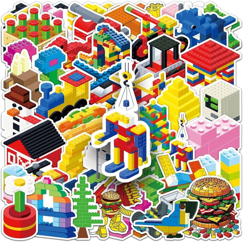 Building Blocks lipdukų rinkinys, 50 vnt., skirtas riedlentėms, grafiti, motociklams, dviračiams, snieglentėms, bagažui, nešiojamam kompiuteriui, automobiliui, lagaminui, vaikams ir paaugliams, vandeniui atsparūs vinilo lipdukai