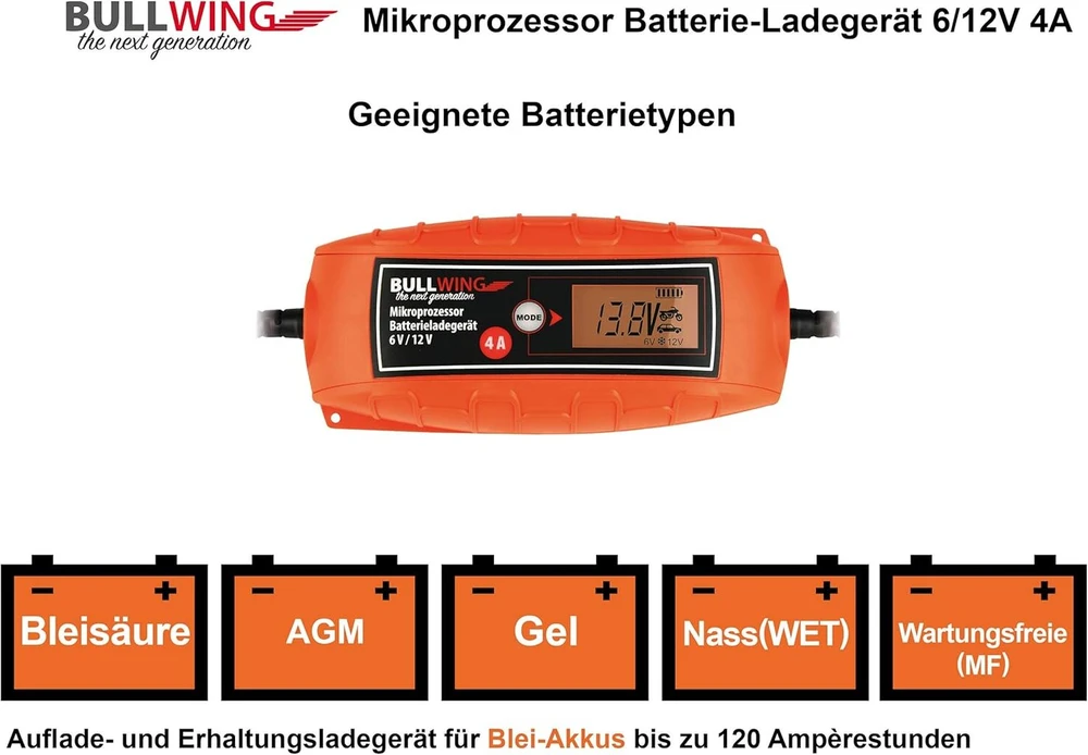Bullwing akumuliatoriaus įkroviklis su mikroprocesoriumi 6/12v 4a visiškai automatinis akumuliatoriaus įkroviklis automobiliui motociklui universalus oranžinis