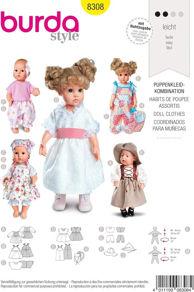 Burda iškarpos lėlių drabužiams 8308, 2 dydžiai: M 30-35 cm, L 40-45 cm