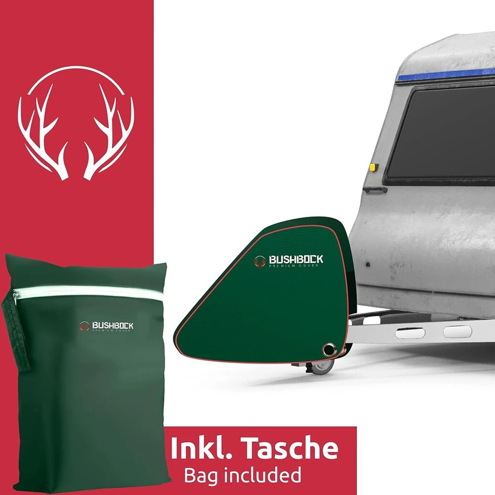 Bushbock® Premium grąžulo uždangalas, pagamintas iš Oxford 600d medžiagos su Pu danga ir atšvaitais. Universalus grąžulo uždangalas – taip pat skirtas priekaboms/nameliams ant ratų su apsaugos nuo slydimo jungtimi ir dėžutės užraktu (žalias)