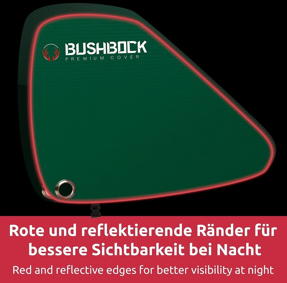 Bushbock® Premium grąžulo uždangalas, pagamintas iš Oxford 600d medžiagos su Pu danga ir atšvaitais. Universalus grąžulo uždangalas – taip pat skirtas priekaboms/nameliams ant ratų su apsaugos nuo slydimo jungtimi ir dėžutės užraktu (žalias)