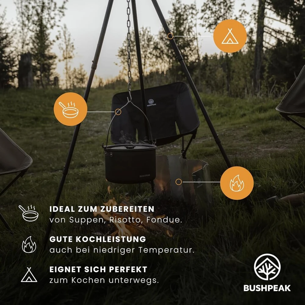 Bushpeak aliumininis lauko puodas stovyklavimui 4 litrai - sriubos puodas su dangčiu, nešiojamas, su tvirta nerūdijančio plieno rankena 1-6 asmenims, skersmuo 22 cm