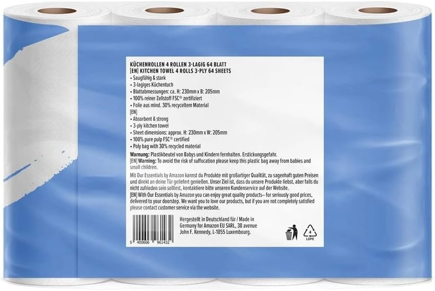 By Amazon 3 sluoksnių virtuvinis popierius 16 rulonų (4 rulonai, 4 pakuotės) 64 lapeliai viename rulone, sertifikuotas pagal fsc