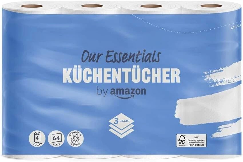 By Amazon 3 sluoksnių virtuvinis popierius 16 rulonų (4 rulonai, 4 pakuotės) 64 lapeliai viename rulone, sertifikuotas pagal fsc
