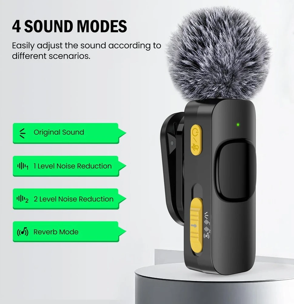 Bybrutek belaidis atvartinis mikrofonas su keturiais įrašymo režimais mobiliesiems telefonams, iphone, android ir pc - mini mikrofonas, tinkamas vaizdo įrašams, vlog'ams, tiktok'ui, youtube'ui, tiesioginėms transliacijoms ir
