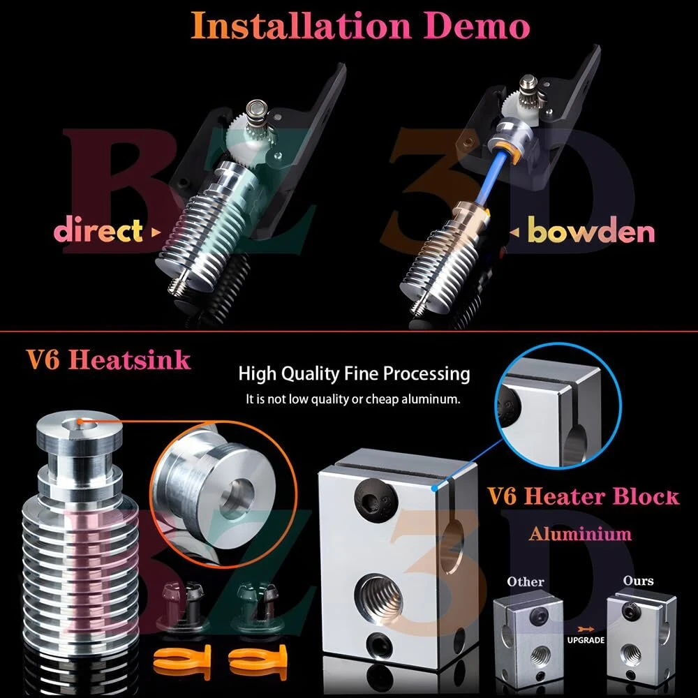 Bz 3d V6 All Metal Hotend 12v 40w Direct & Bowden rinkinys, V6 žalvariniai purkštukai 0,4 mm, Heatbreak titano lydinys, ventiliatorius ir laikiklis 3d spausdintuvui V6 Hotend, titanas, dvigubas ekstruderis