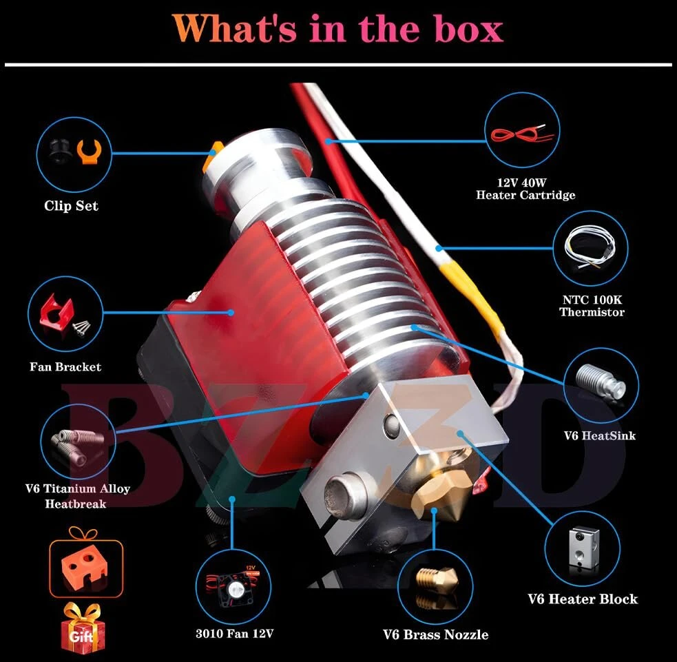 Bz 3d V6 All Metal Hotend 12v 40w Direct & Bowden rinkinys, V6 žalvariniai purkštukai 0,4 mm, Heatbreak titano lydinys, ventiliatorius ir laikiklis 3d spausdintuvui V6 Hotend, titanas, dvigubas ekstruderis